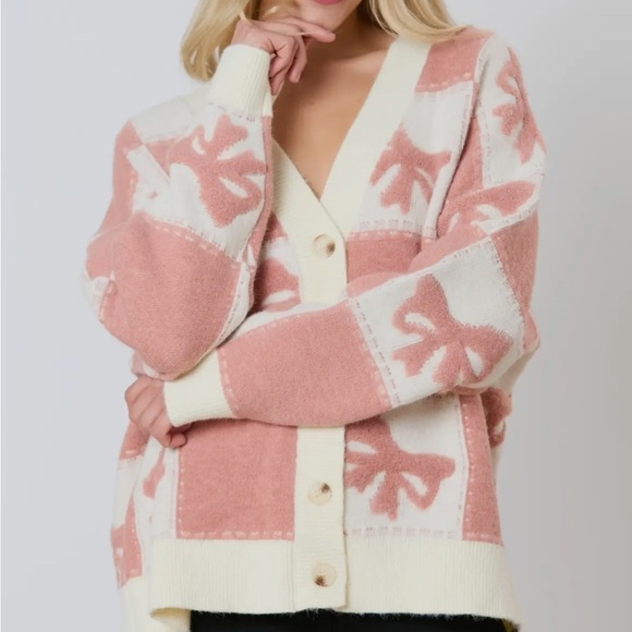 Jane Bow Check Sweater ✨ 3D Bow and Square Pattern Oversized Cardigan - Picture 4 of 8